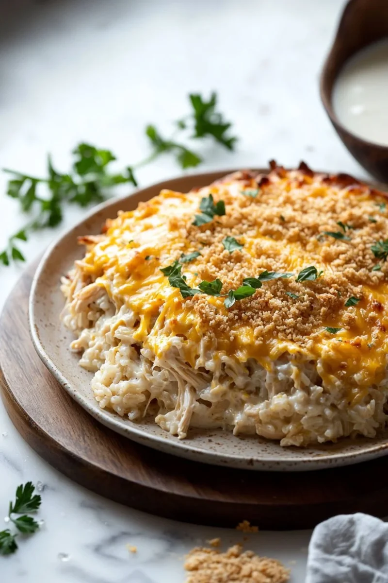 Cheesy chicken and rice casserole bake topped with melted cheese and herbs