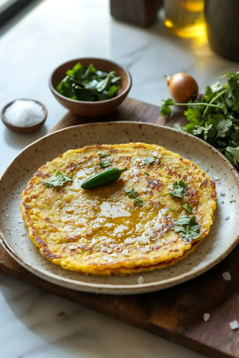 Delicious chickpea pancakes served with fresh toppings and garnishes.