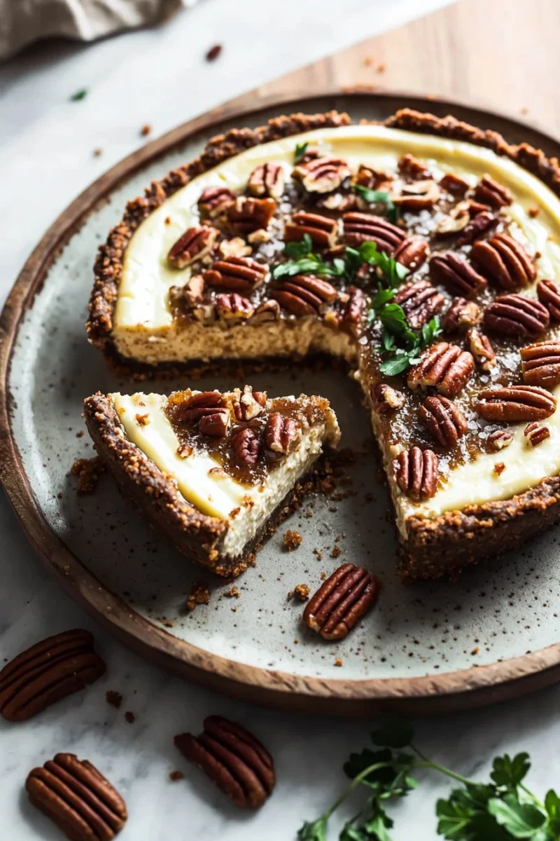 Delicious Cinnamon Pecan Pie Cheesecake topped with pecans and cinnamon sprinkles