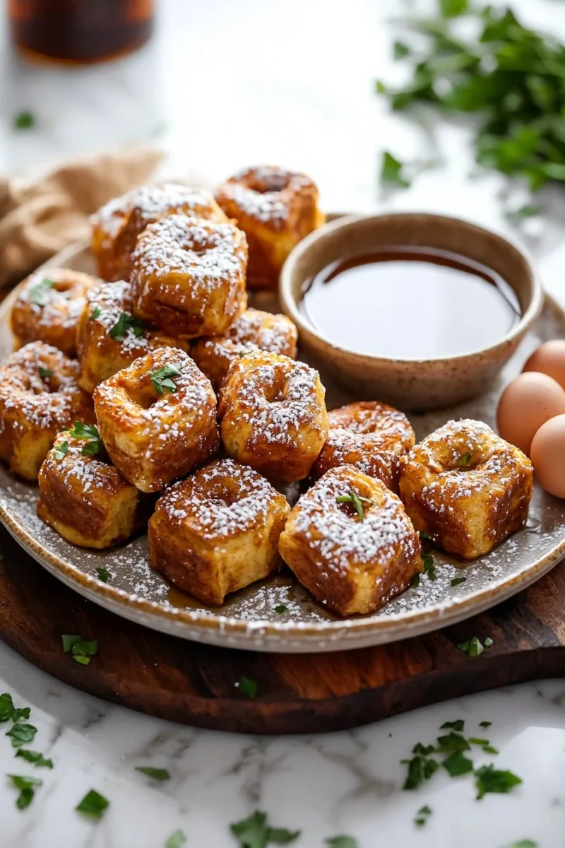 Deliciously baked Cinnamon Roll French Toast Bites topped with icing and cinnamon.