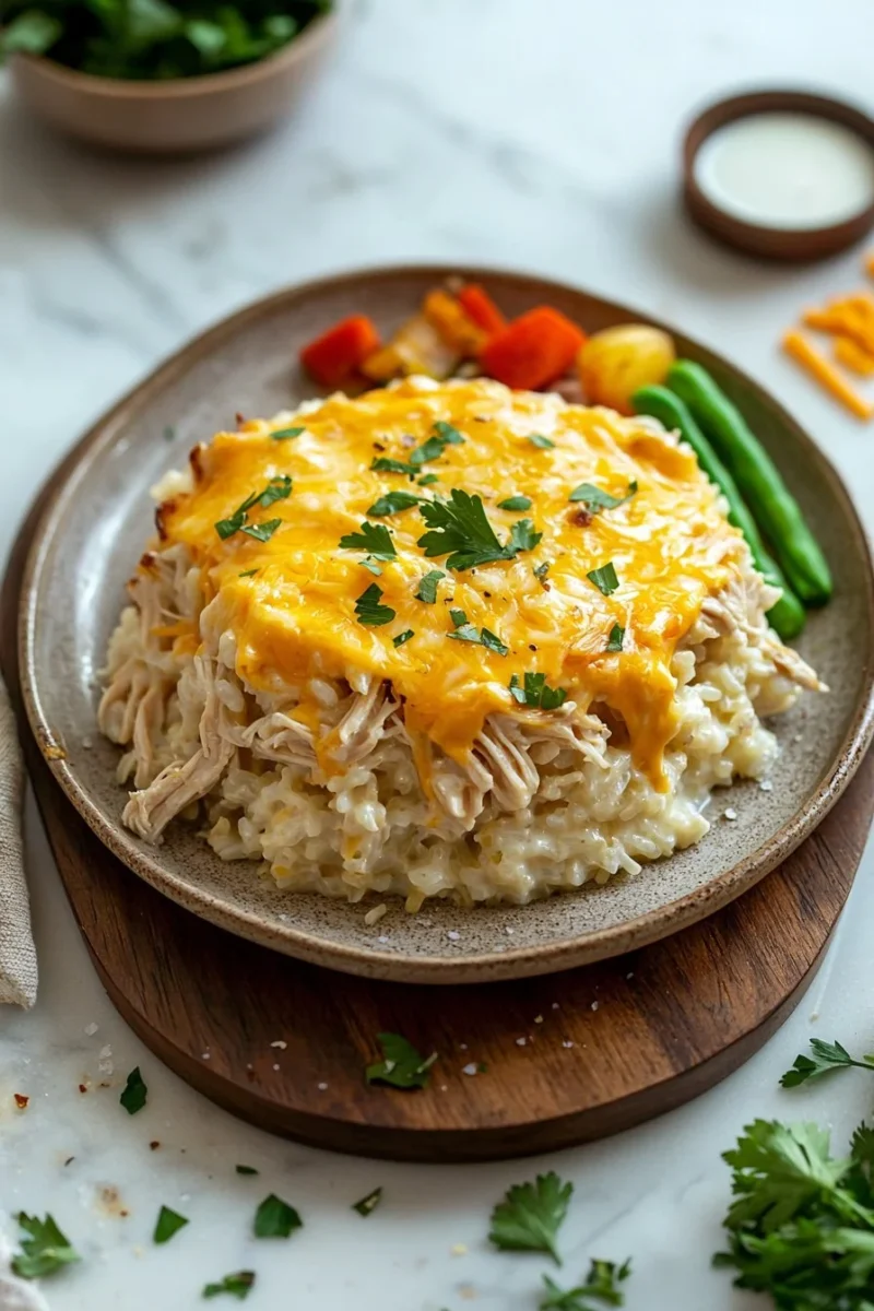 Classic Cheesy Chicken and Rice Casserole served in a baking dish