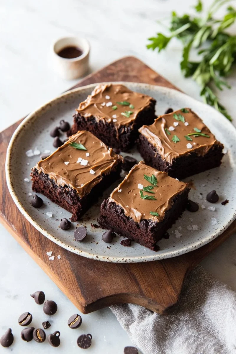 Delicious coffee brownies with mocha frosting on a plate