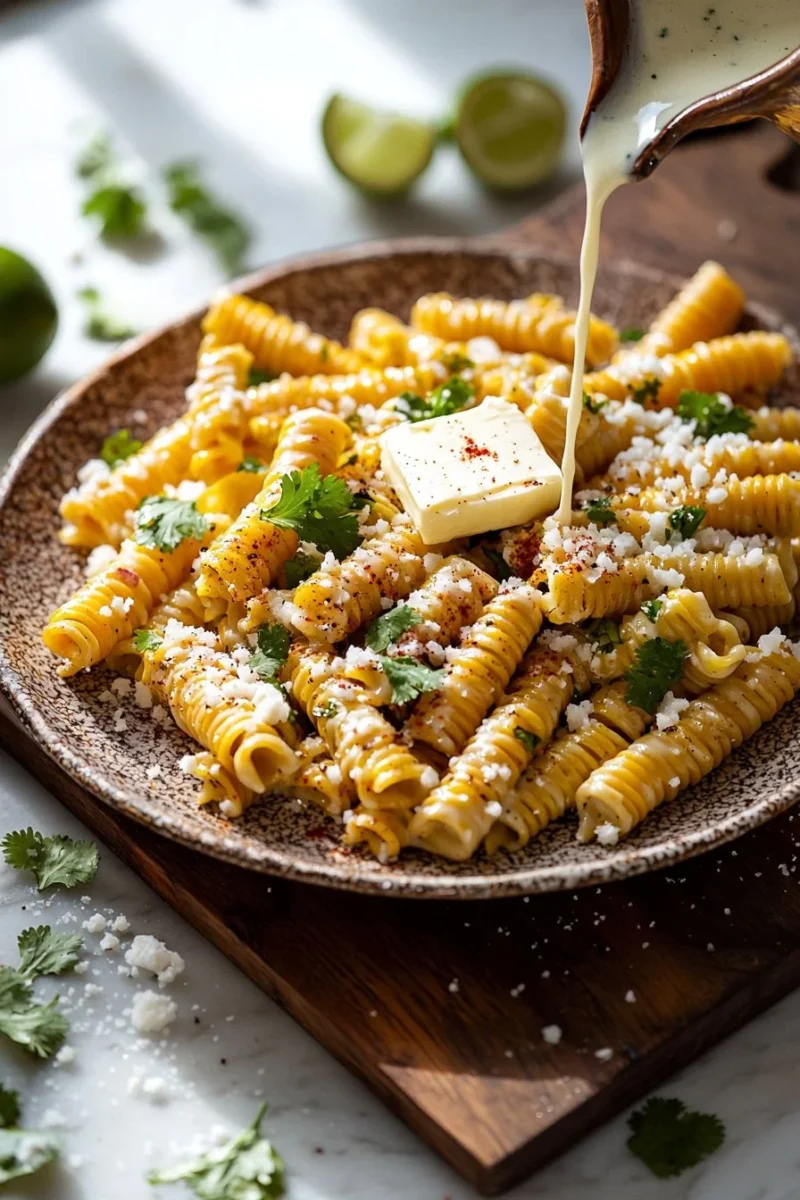 Plate of delicious corn pasta with vegetables and herbs.