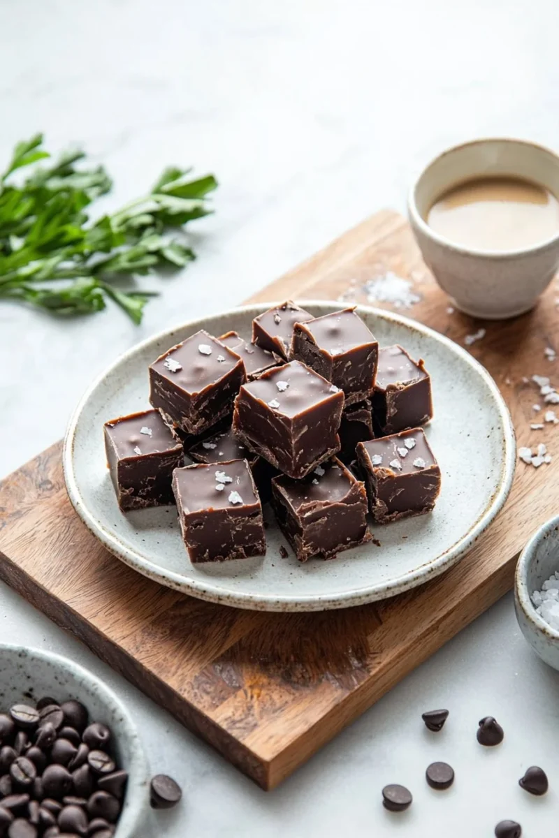 Delicious creamy coffee fudge displayed on a wooden table.