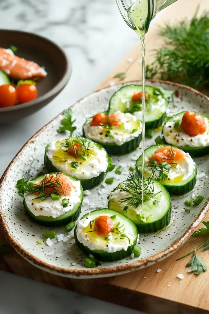 Cucumber cream cheese bites topped with herbs on a platter