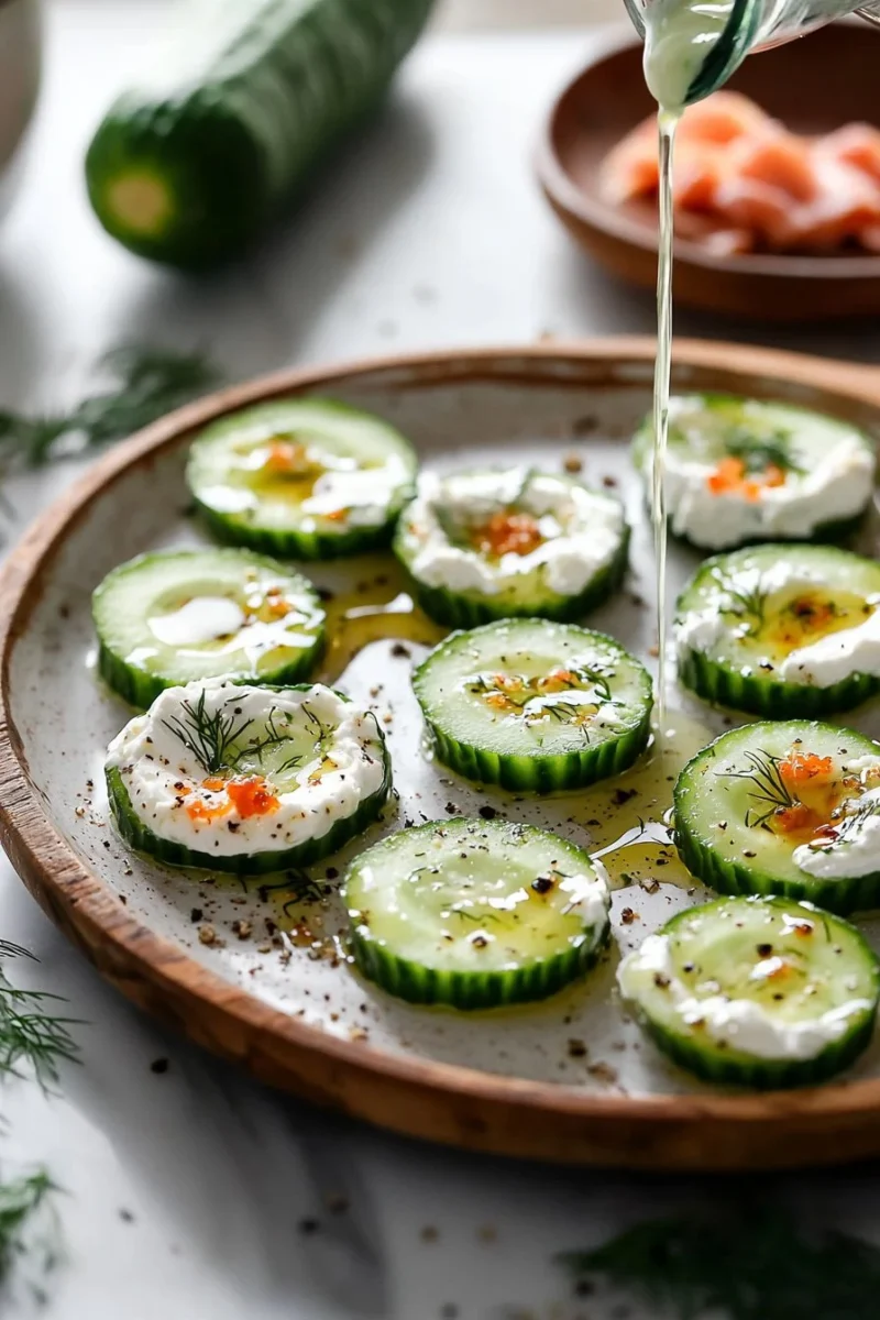 Plate of cucumber cream cheese bites garnished with herbs