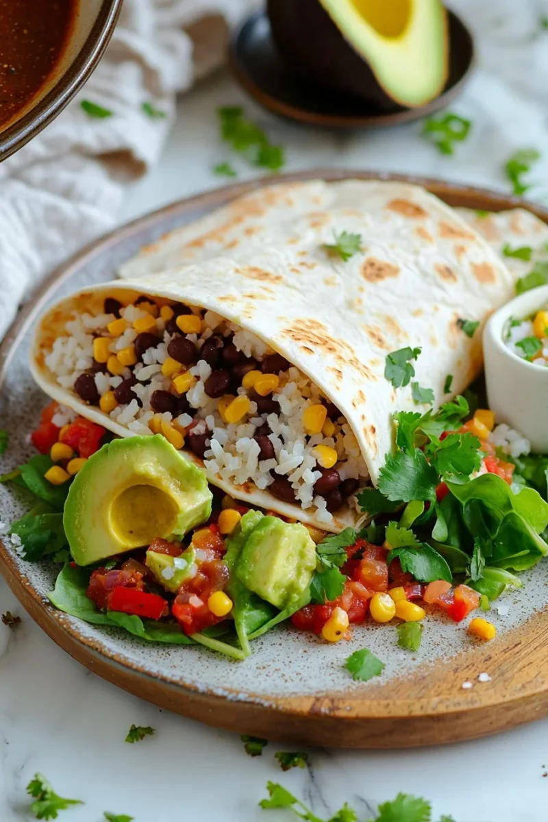 Delicious homemade vegan burrito filled with fresh vegetables and spices