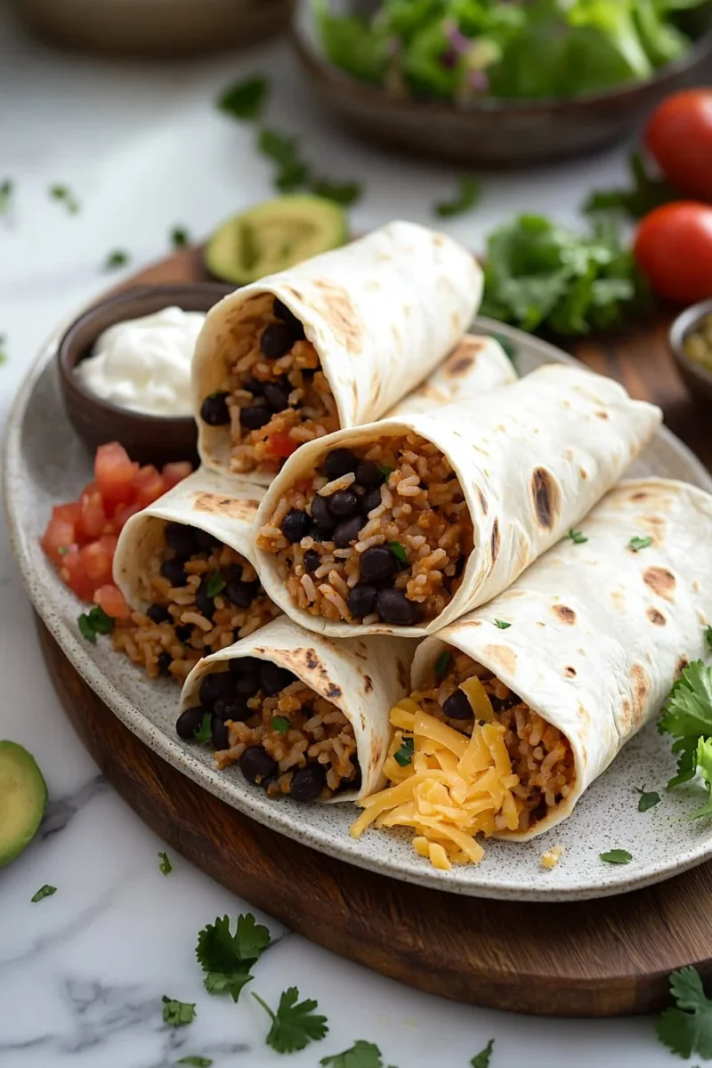 Delicious easy bean burritos served on a plate with toppings.