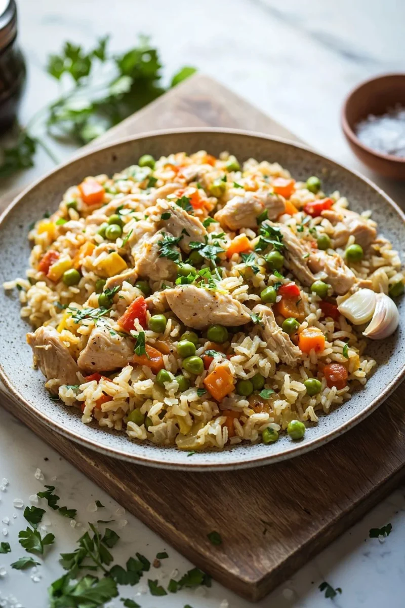 Easy one pot chicken and rice dish prepared in a skillet