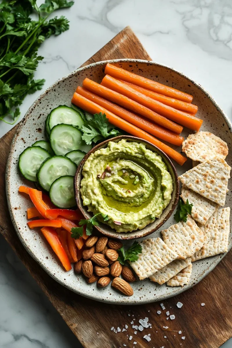 A variety of easy vegan snacks displayed on a wooden table.