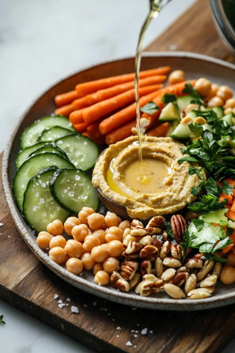 A variety of easy vegan snacks including fruits, nuts, and bars
