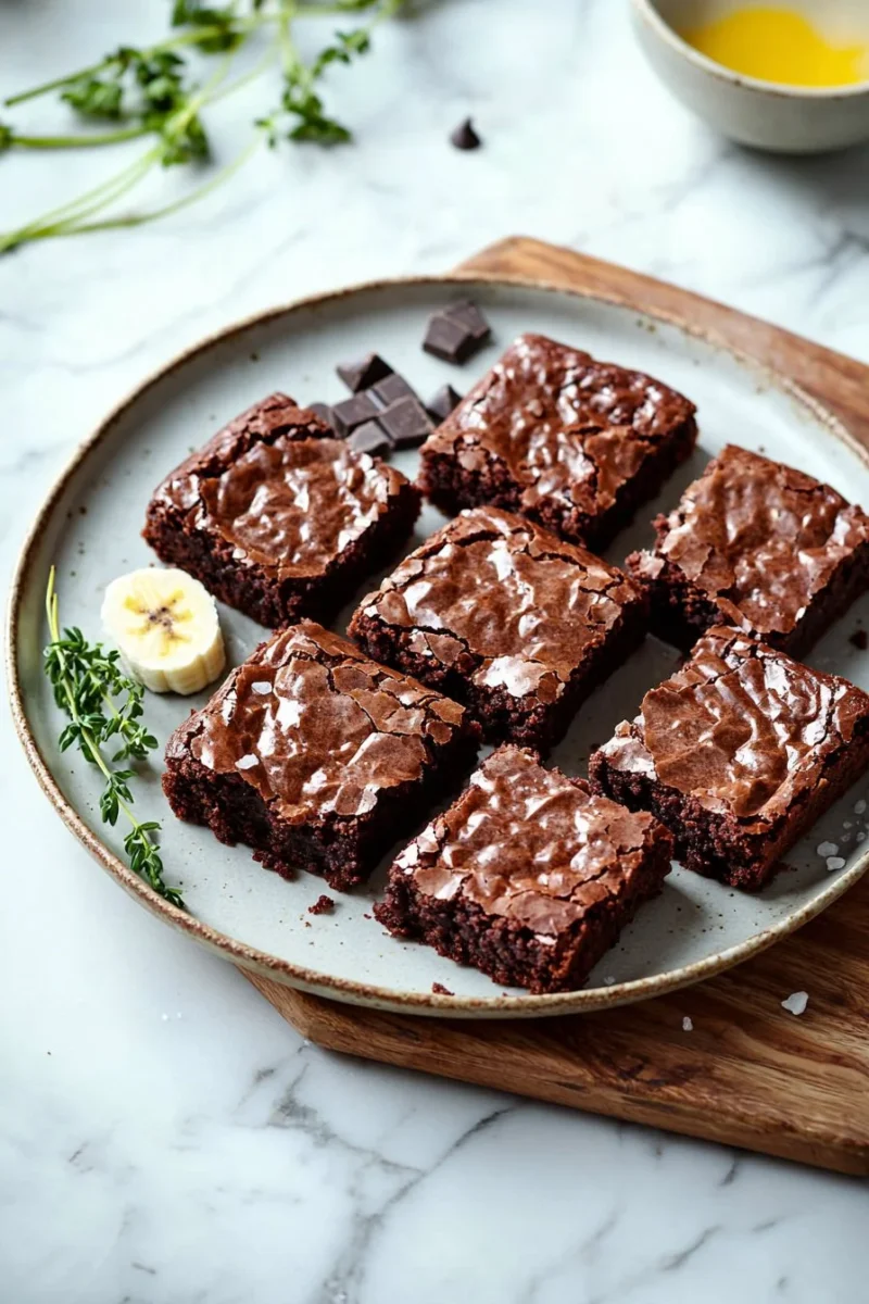 Flourless brown butter banana brownies on a wooden table