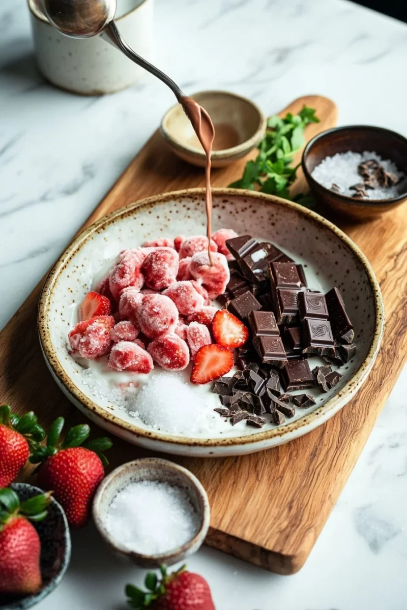 Delicious frozen strawberry chocolate dessert with fresh strawberries and chocolate drizzle.
