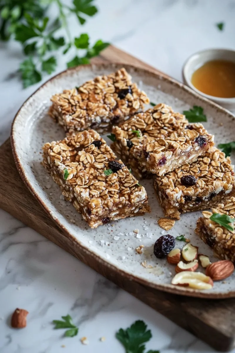 Variety of homemade granola bars with nuts, fruits, and seeds on a wooden table.