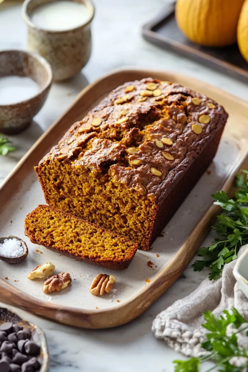 Slice of healthy pumpkin bread topped with nuts and spices on a wooden table.