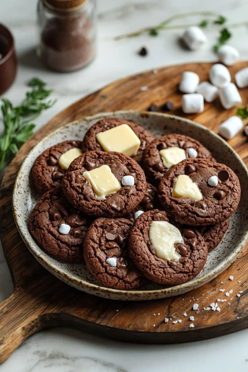 Delicious hot cocoa cookies topped with marshmallows and chocolate chips