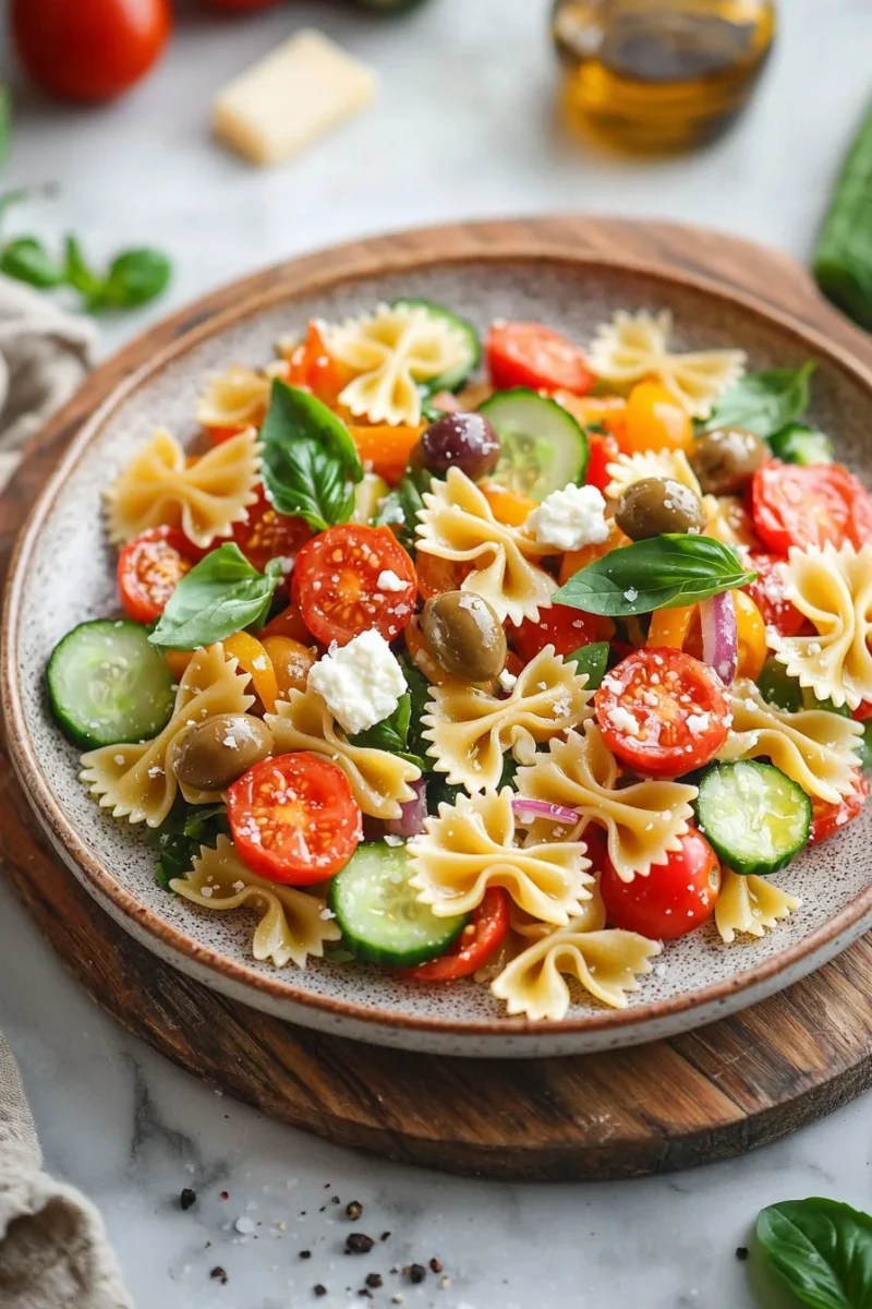 Italian bow tie pasta salad with colorful vegetables in a bowl