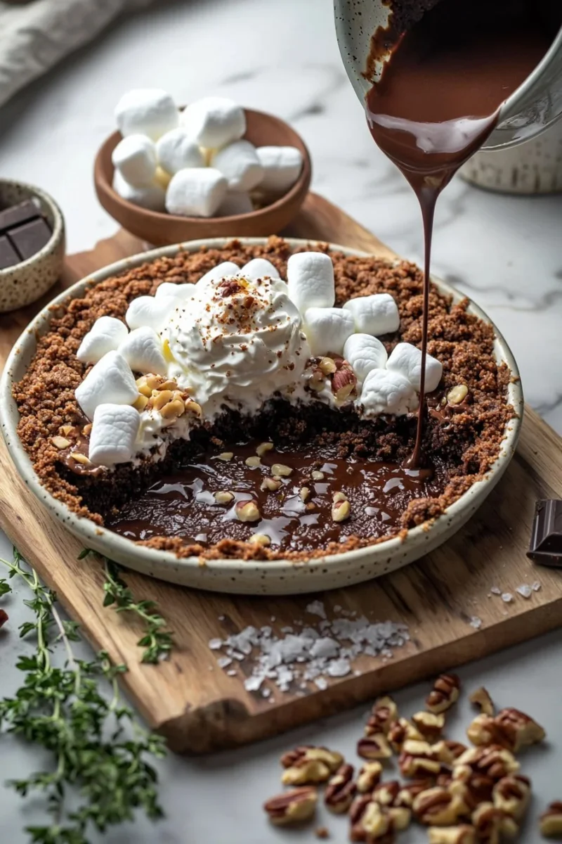 Deliciously rich Mississippi Mud Pie with chocolate and marshmallows.