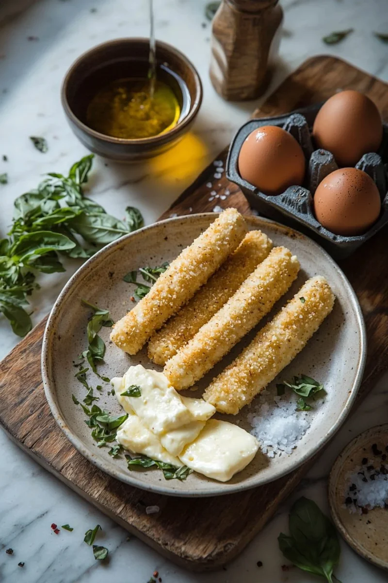 Delicious golden mozzarella sticks served with marinara sauce