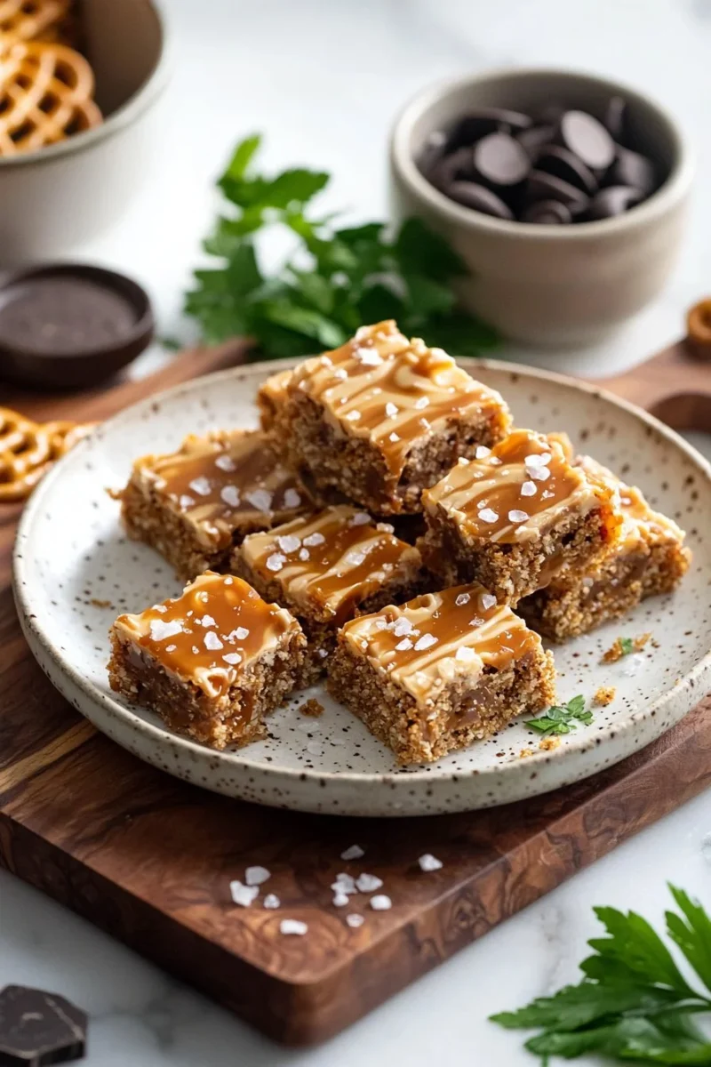No-bake salted caramel pretzel bars topped with caramel drizzle and pretzel pieces