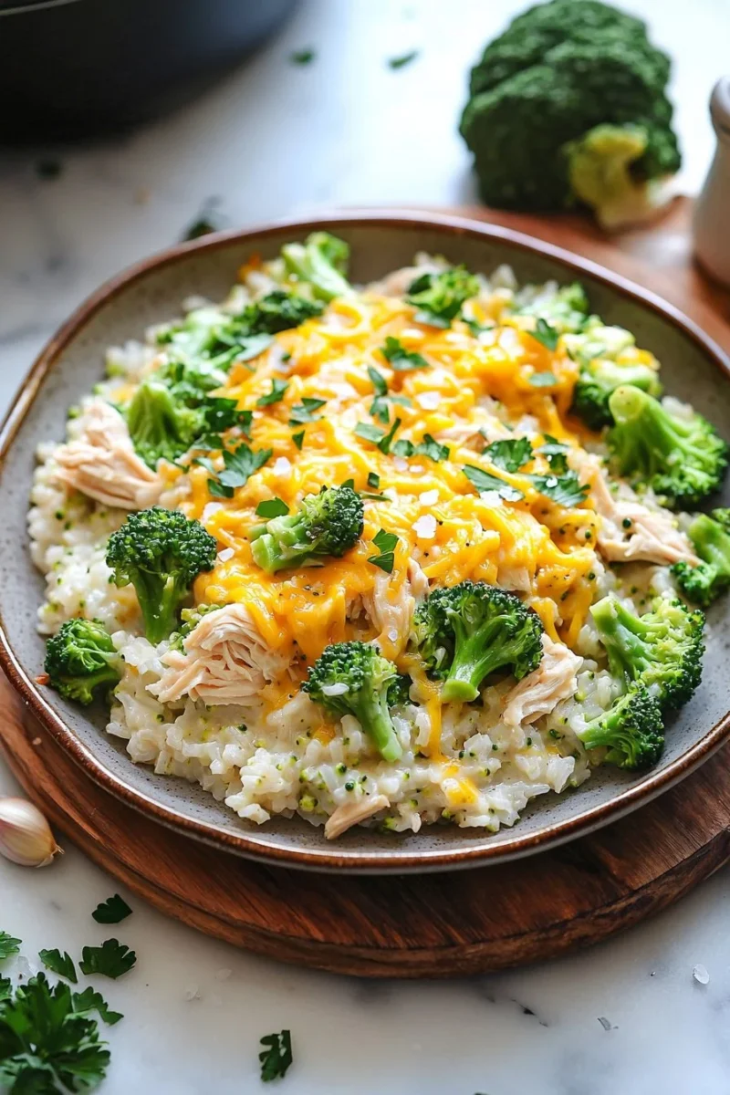 One Pot Chicken Broccoli Rice Casserole with chicken, broccoli, and rice in a baking dish