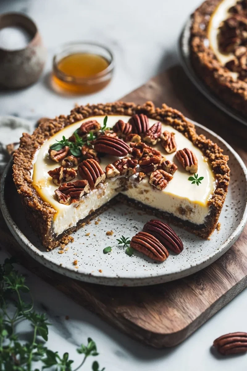 Delicious pecan pie cheesecake topped with caramel and pecans