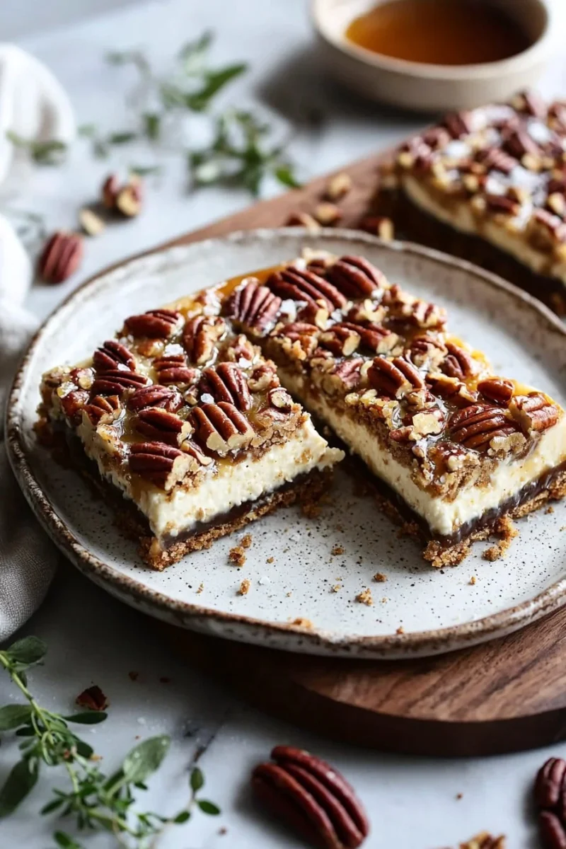 Delicious pecan pie cheesecake bars topped with caramel and pecans