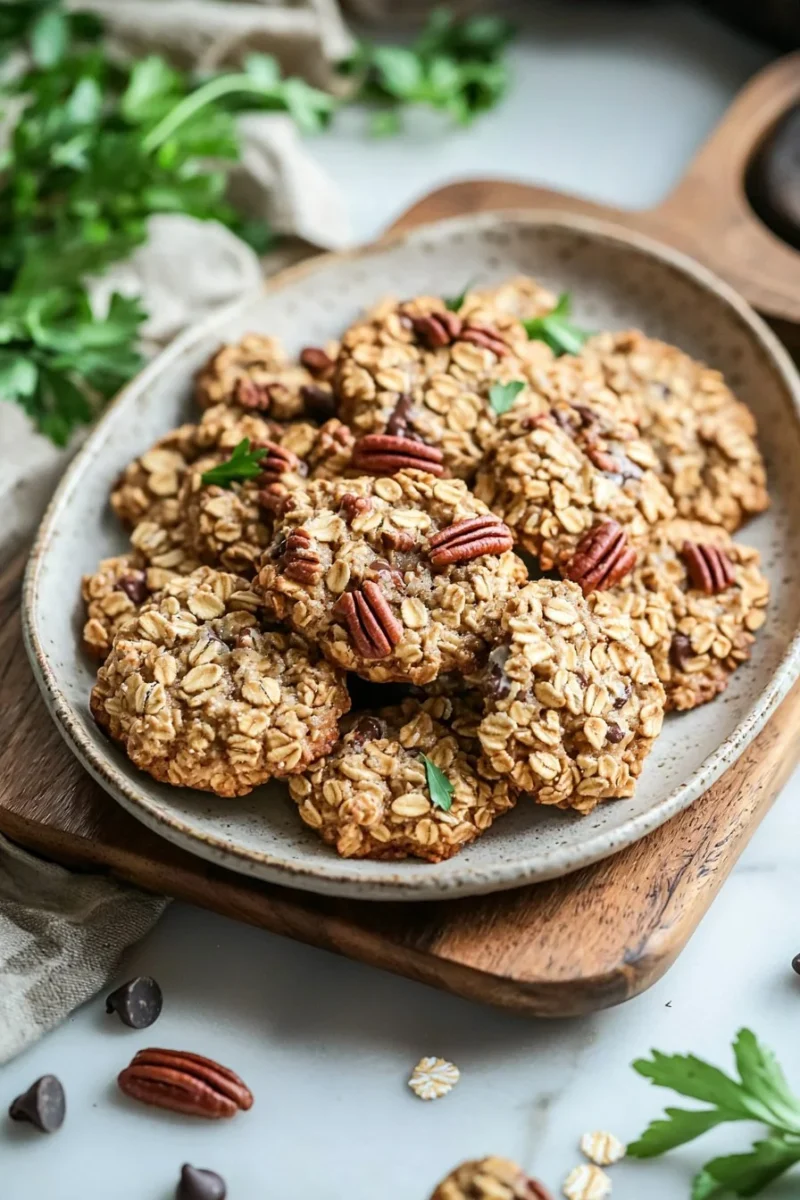 Delicious pecan pie oatmeal cookies on a rustic wooden table