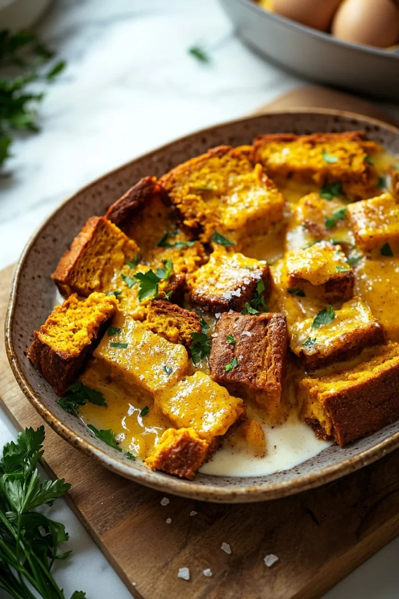 Delicious pumpkin bread pudding served in a bowl