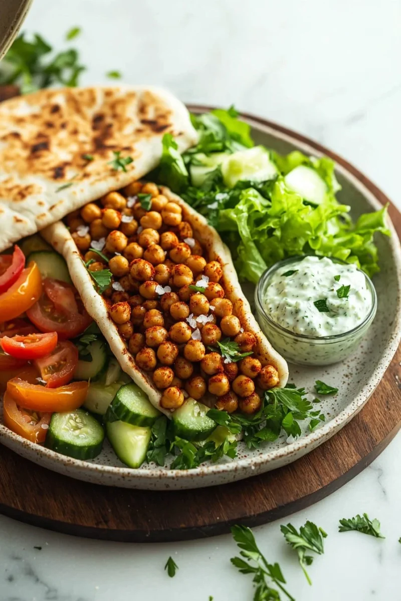 Delicious roasted chickpea gyros served with fresh vegetables and sauce.