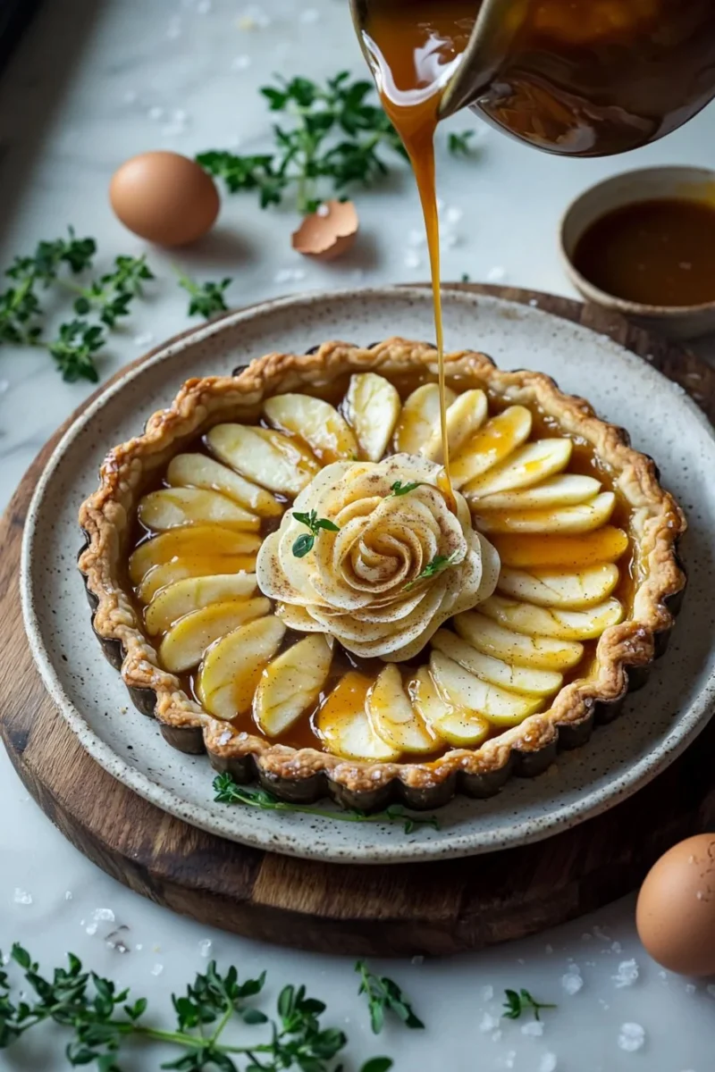 Salted caramel apple cinnamon rosette tart elegantly presented on a plate