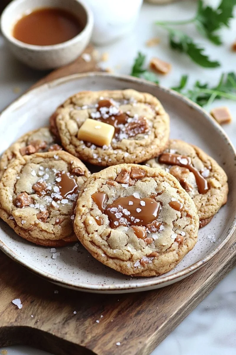 Delicious salted caramel toffee cookies with a sprinkle of sea salt on top.