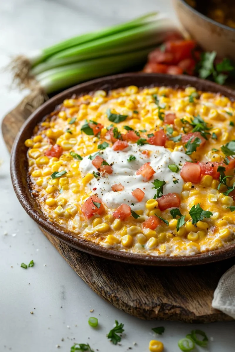 Delicious Southwest Corn Dip served in a bowl with tortilla chips on the side.