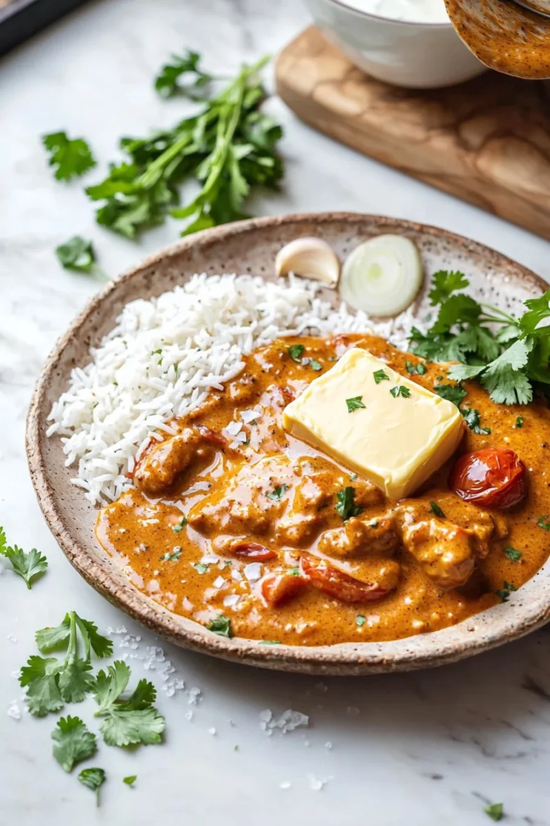 Delicious butter chicken served with rice on a plate