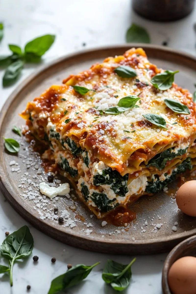 Vegetarian lasagna with spinach and ricotta cheese, baked until golden brown.