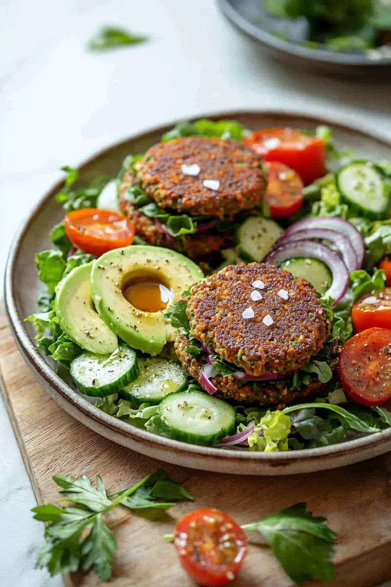 Colorful veggie burger salad with fresh vegetables and dressing