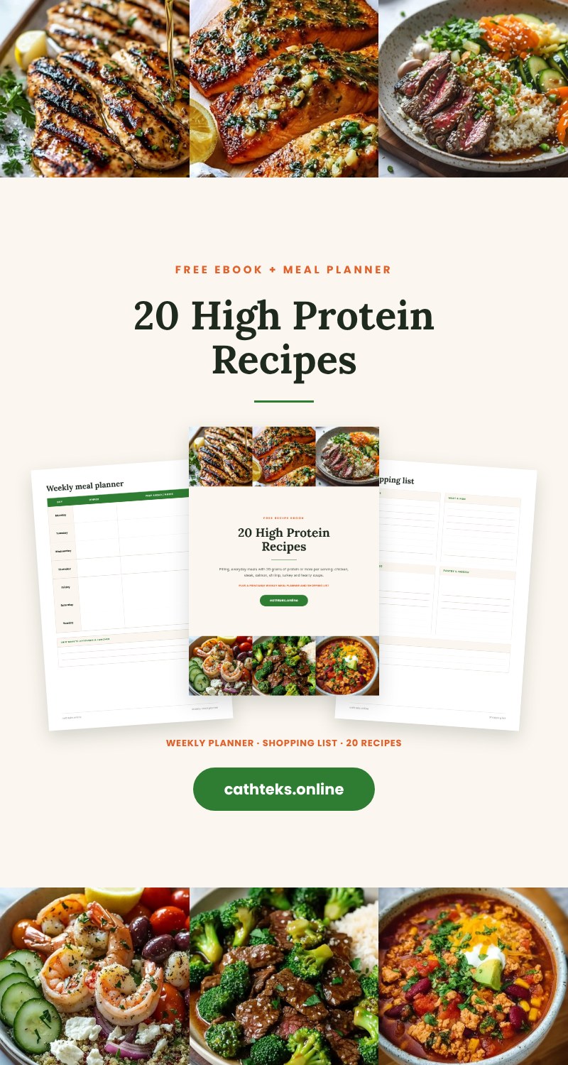 20 High Protein Recipes ebook with weekly meal planner and shopping list from Cathteks